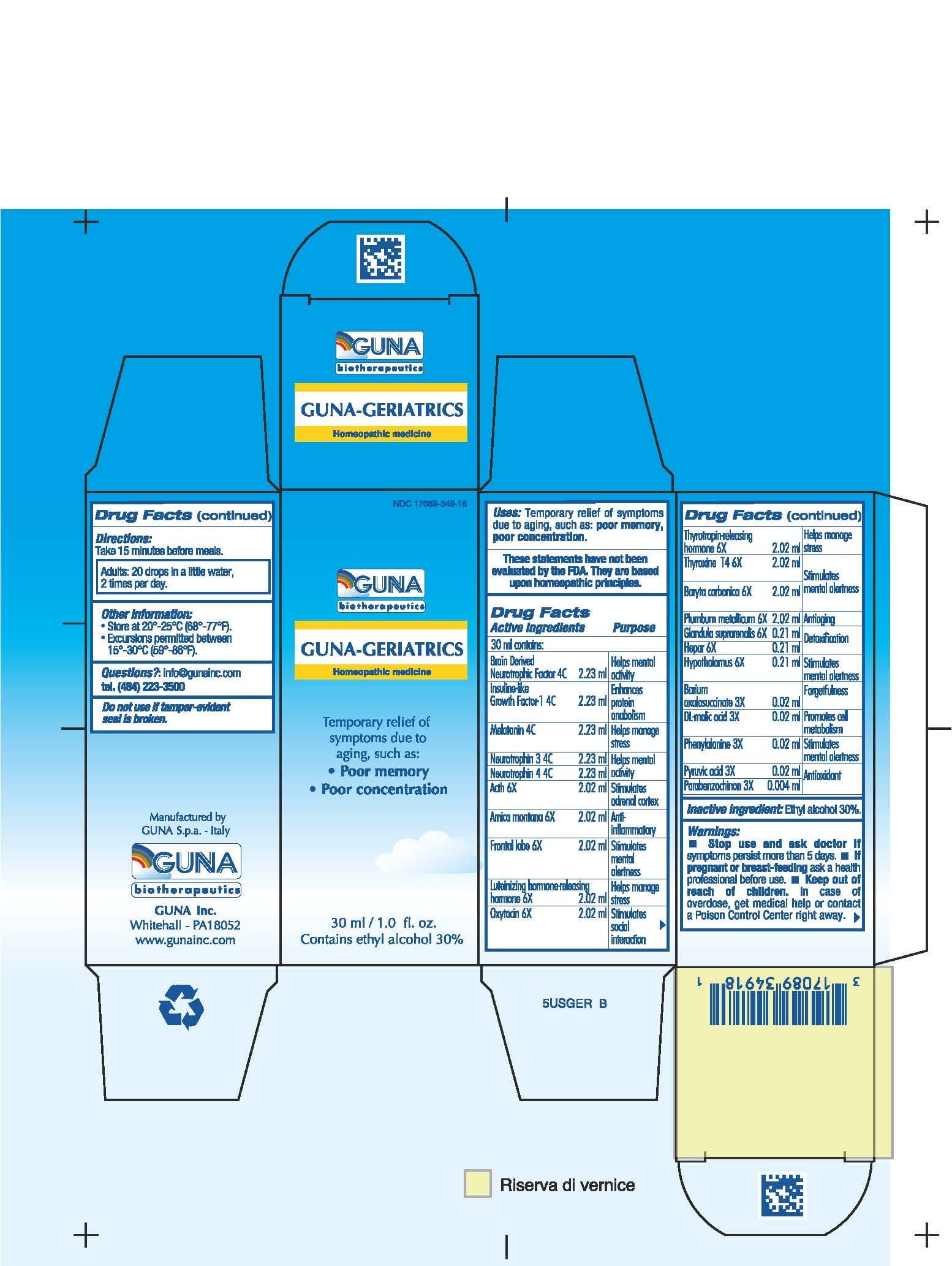 Guna-Geriatrics (1,4-Benzoquinone - Arnica Montana - Oxytocin - Barium Carbonate - Barium Oxalosuccinate - Corticotropin - Lead - Levothyroxine - Lutrelin - Malic Acid - Melatonin - Neurotrophin-3 - Neurotrophin-4 - Phenylalanine - Pork Liver - Pyruvic Acid - Rinfabate - Sus Scrofa Adrenal Gland - Sus Scrofa Frontal Lobe - Sus Scrofa Hypothalamus - Thyrotropin Alfa - Brain-Derived Neurotrophic Factor Human -) package label
