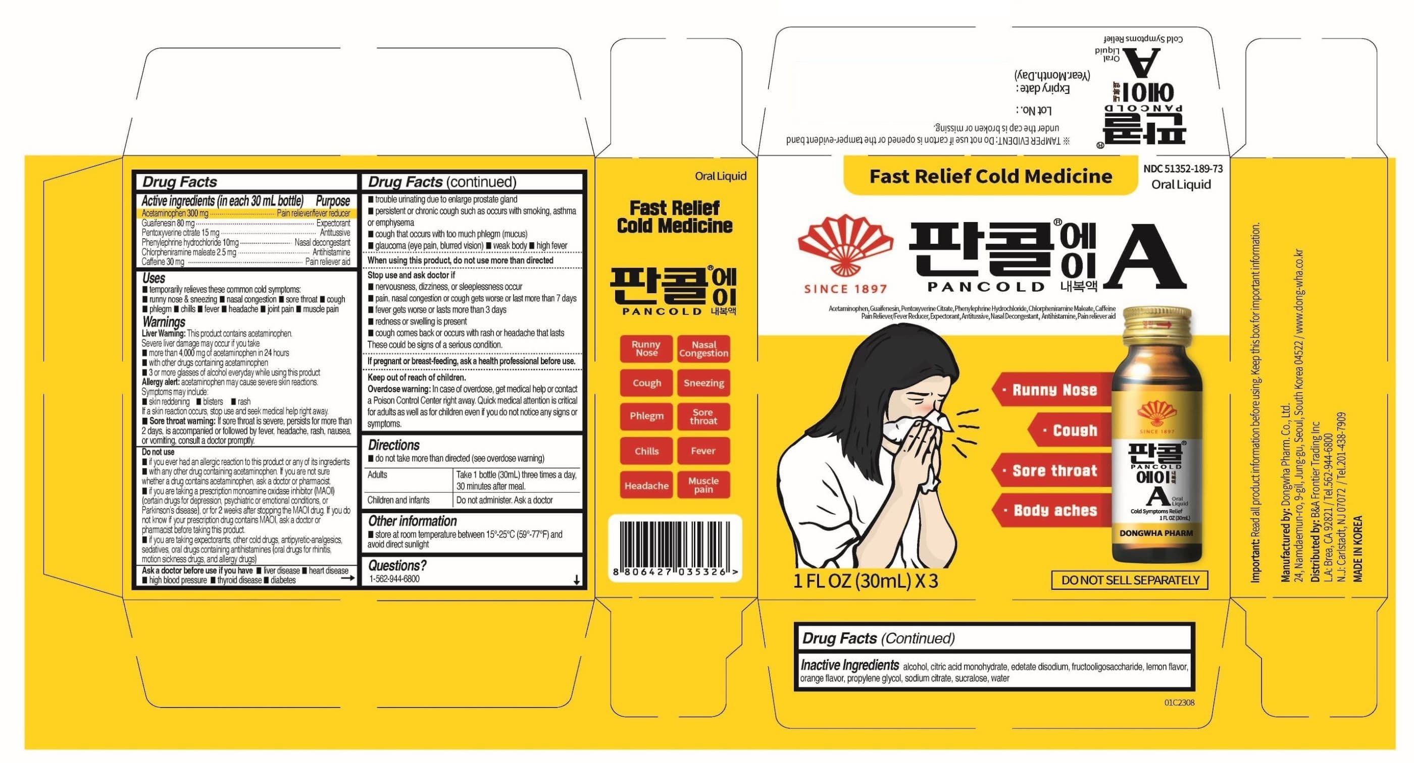 Pancold a (Acetaminophen, Guaifenesin, Pentoxyverine Citrate, Phenylpehrine Hydcrochloride, Chlorpheniramine Maleate, Caffeine Anhydrous) package label