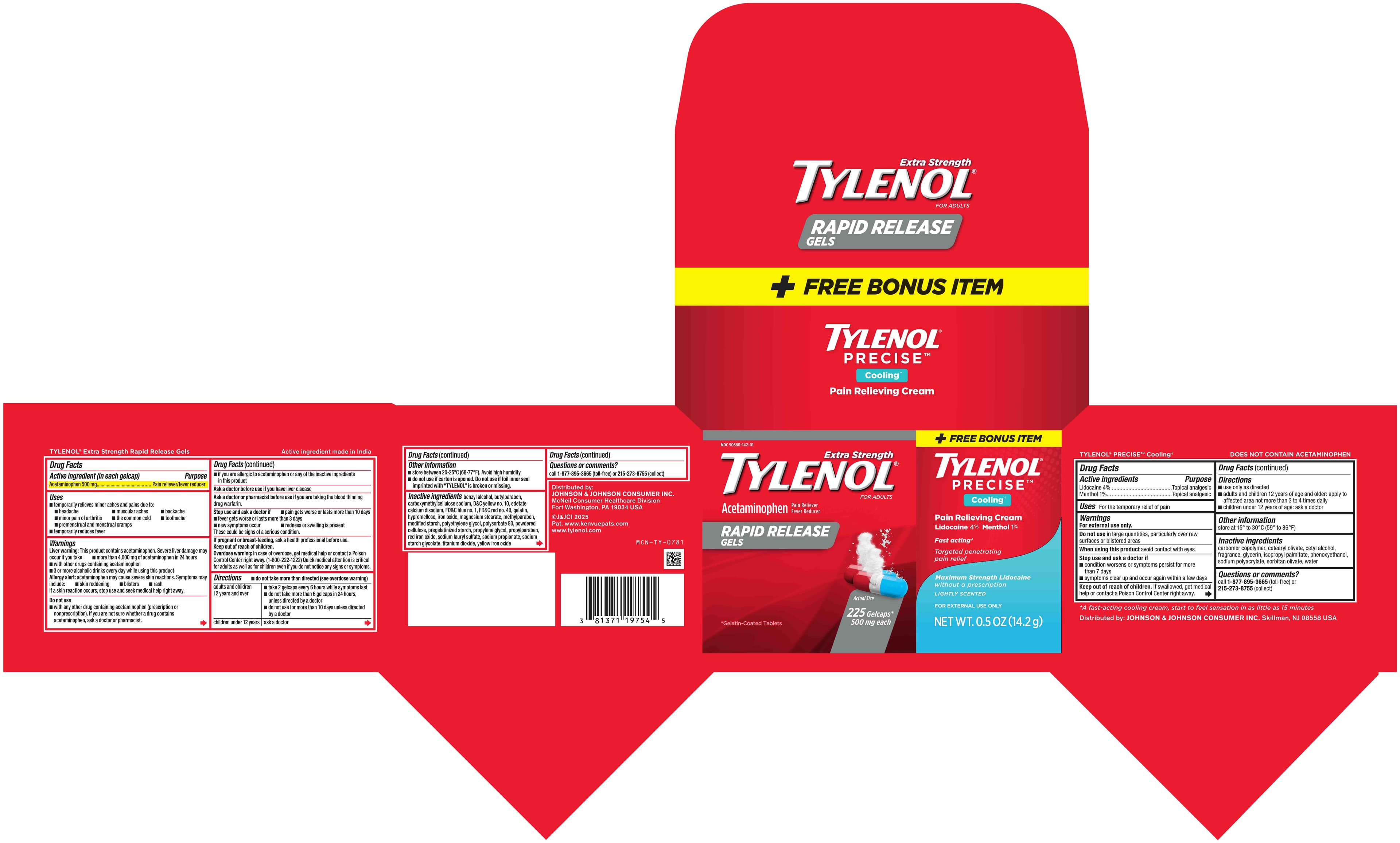 Tylenol Extra Strength / Tylenol Precise Cooling Pain Relief (Acetaminophen, Lidocaine, Menthol) package label
