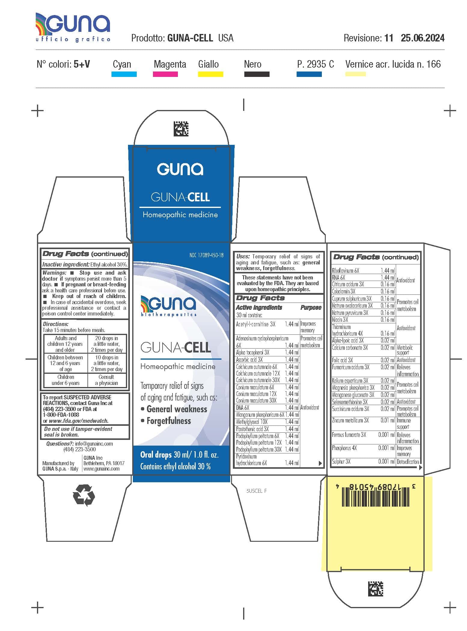 Guna-Cell (Acetylcarnitine, L-Ampc-Alpha-Lipoic Ac-A-Tocopherol-Ascorbic Acid-Calc Carb-Citric Ac-Cobalamin-Colchicum-Conium-Cupric Sulf-Herring Sperm Dna-Ferrous Fumarate-Folic Acid-Fumaric Acid-Kali Aspartate-Mang Phos-Mang Gluconate-Mang Phos II-Pyruvaldehyde-Nat Oxalaceticum-Sodium Pyruvate-Niacin-Pantothenic Acid-Ph-Podophyllum Peltatum-Pyridoxine Hydrochloride-Riboflavin-Saccharomyces Cerevisiae Rna-Selenomethionine-Succinic Acid-Sulfur-Thiamine Hydrochloride-Zinc) package label