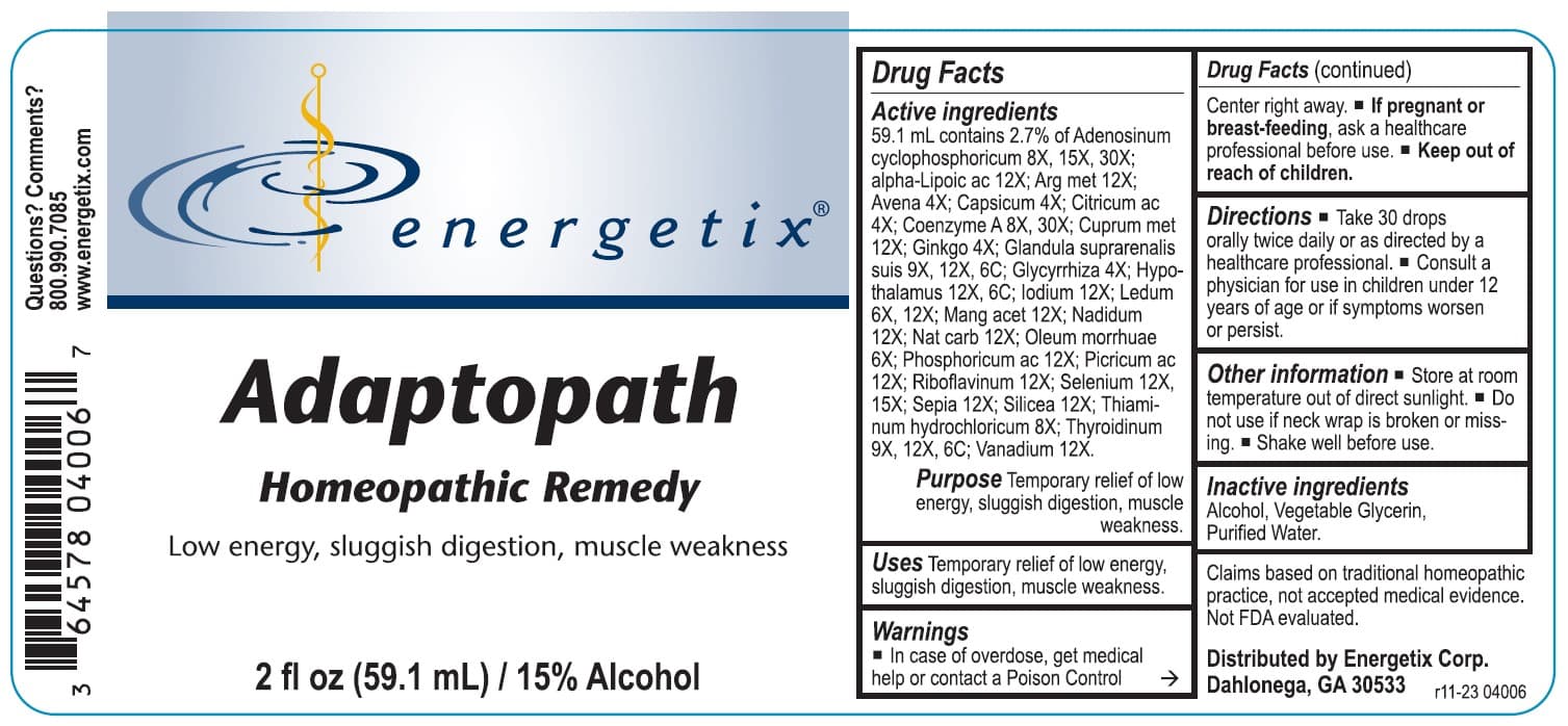 Adaptopath (Adenosinum Cyclophosphoricum, Alpha-Lipoicum Acidum, Argentum Metallicum, Avena Sativa, Capsicum Annuum, Citricum Acidum, Coenzyme A, Cuprum Metallicum, Ginkgo Biloba, Glandula Suprarenalis Suis, Glycyrrhiza Glabra, Hypothalamus (bovine), Iodium, Ledum Palustre, Manganum Aceticum, Nadidum, Natrum Carbonicum, Oleum Morrhuae, Phosphoricum Acidum, Picricum Acidum, Riboflavinum, Selenium Metallicum Sepia, Silicea, Thiaminum Hydrochloricum, Thyroidinum (bovine), Vanadium Metallicum) package label