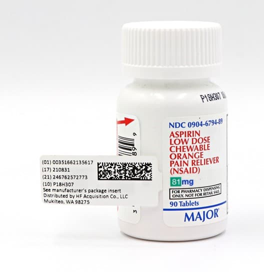 Aspirin Low Dose Chewable Orange Pain Reliever package label