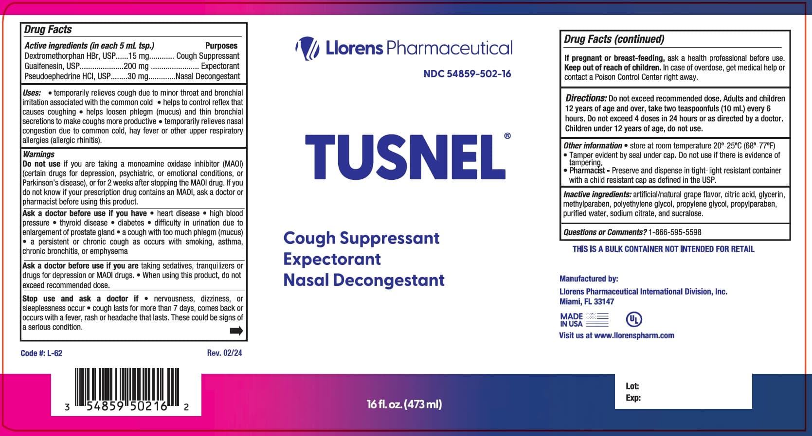 Tusnel (Dextromethorphan, Guiafenesin, Pseudoephedrine HCL) package label