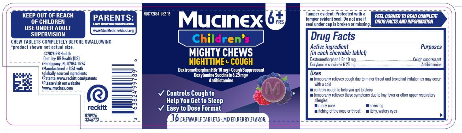 Mucinex Childrens Mighty Chews Cough Nighttime (Dextromethorphan HBR and Doxylamine Succinate) package label