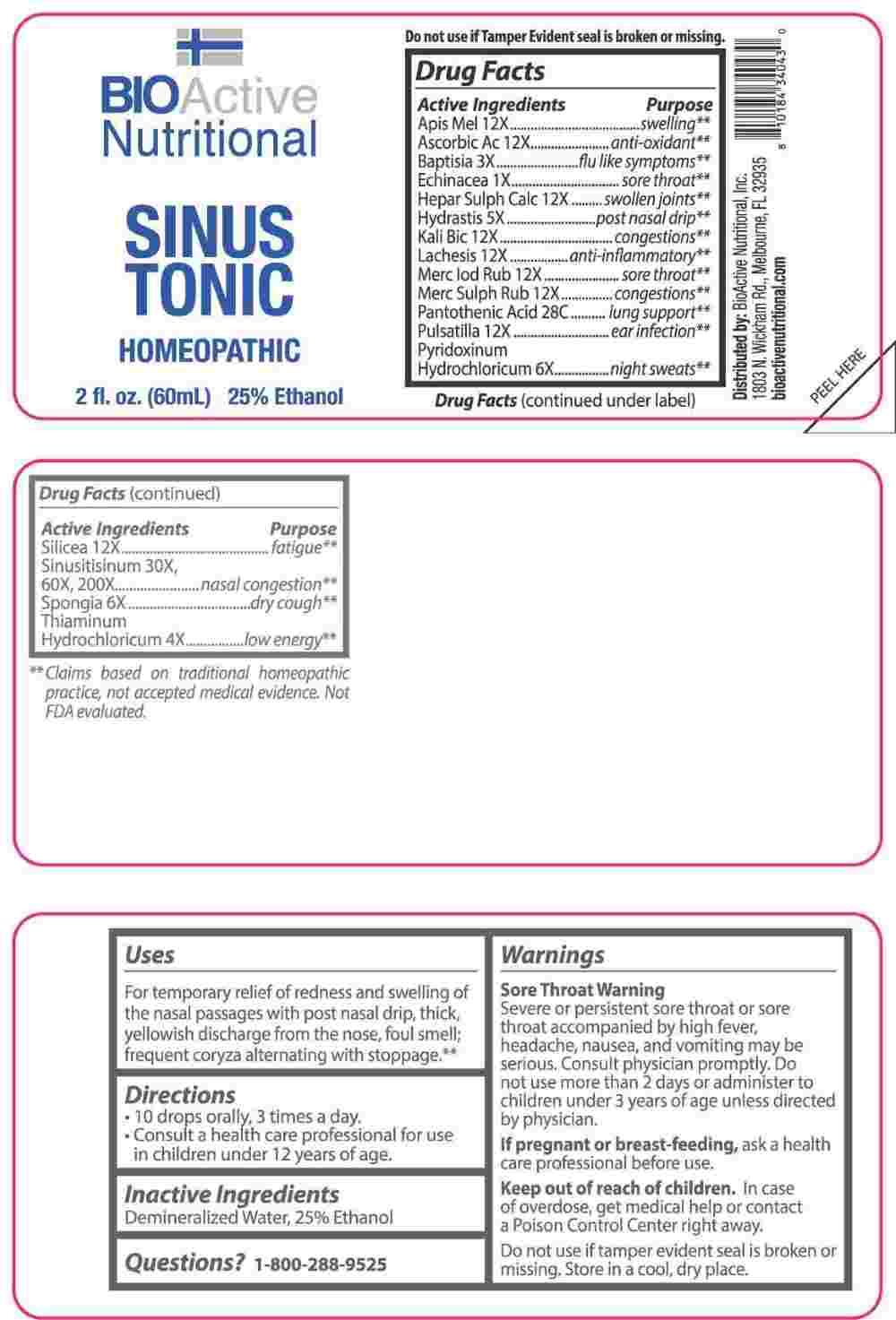 Sinus Tonic (Echinacea (angustifolia), Baptisia Tinctoria, Thiaminum Hydrochloricum, Hydrastis Canadensis, Pyridoxinum Hydrochloricum, Spongia Tosta, Apis Mellifica, Ascorbic Acid, Hepar Sulphuris Calcareum, Kali Bichromicum, Lachesis Mutus, Mercurius Iodatus Ruber, Mercurius Sulphuratus Ruber, Pulsatilla (pratensis), Silicea, Sinusitisinum, Pantothenic Acid) package label