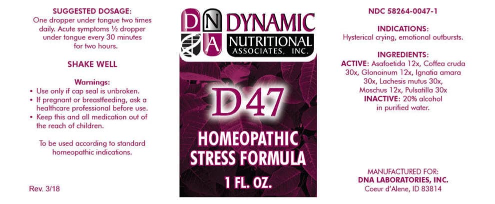 D-47 (Ferula Assa-Foetida Resin, Arabica Coffee Bean, Nitroglycerin, Strychnos Ignatii Seed, Lachesis Muta Venom, Moschus Moschiferus Musk Sac Resin, and Anemone Pratensis) package label