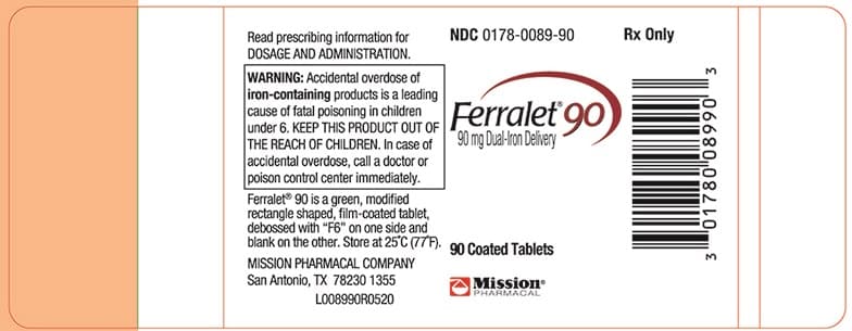 Ferralet 90 (Iron, Folic Acid, Cyanocobalamin, Ascorbic Acid, and Docusate Sodium) package label