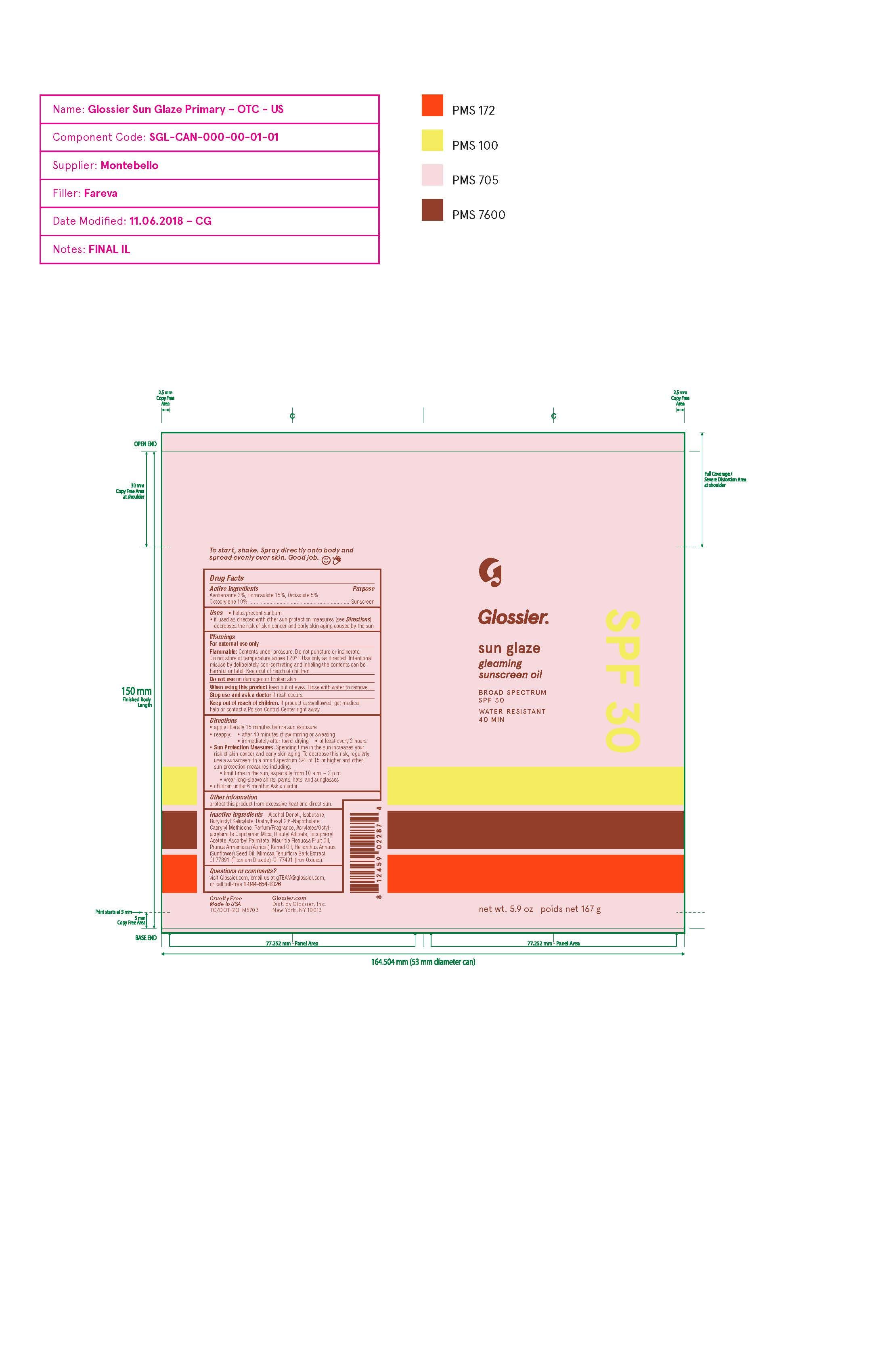 Glossier Sun Glaze Gleaming Sunscreen Oil Broad Spectrum SPF 30 Water Resistant 40 Min — Reference image, actual packaging may vary