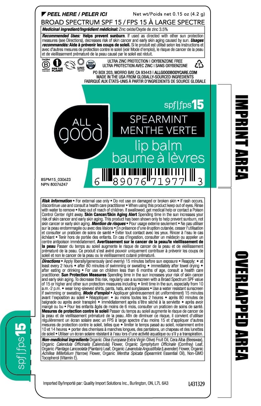 All Good Broad Spectrum SPF 15 Spearmint Lip Balm package label