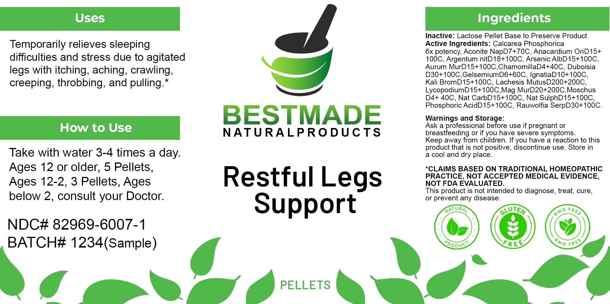 Bestmade Natural Products Restful Legs Support package label